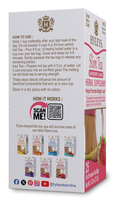 Hyleys Slim Tea Raspberry Flavor - Weight Loss Herbal Supplement Cleanse and Detox - 25 Tea Bags