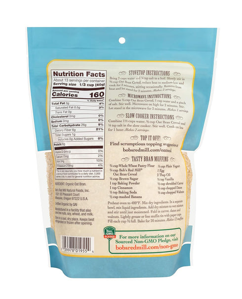 18oz (Pack 4) Bob's Red Mill Organic Oat Bran, of - Non GMO, Vegan, Kosher