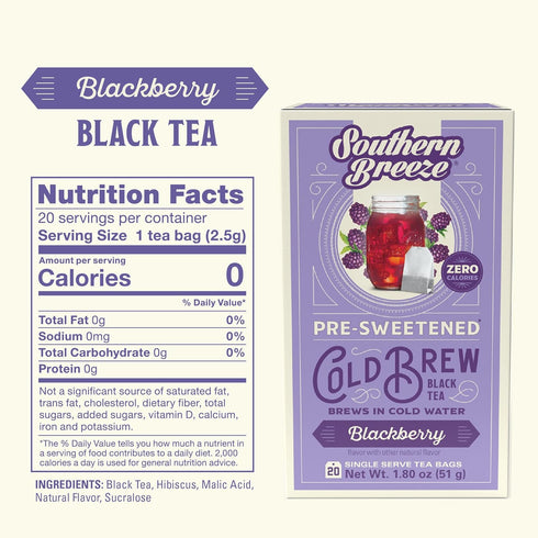 20 Pack 4 Southern Breeze Cold Brew Sweet Tea Blackberry Iced Tea with Black Tea and Zero Carbs Zero Sugar