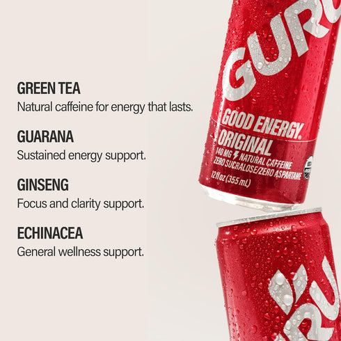 100MG 8.4oz (Pack 24) GURU Original Organic Energy Drinks, Clean Energy Drink with Plant Based Natural Caffeine from