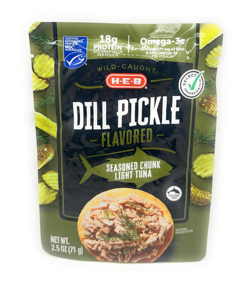 HEB 2.5oz set 6 Dill Pickle Flavored Wild Caught Seasoned Chunk Light Tuna Pouch