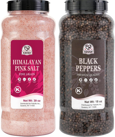 52USA Whole Black Peppercorns 18 oz + Himalayan Pink Salt (Fine Grain)