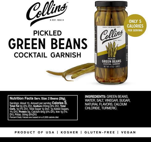 12oz Collins Gourmet Pickled Green Beans for Cocktails - Spicy Crunchy Green Beans - Premium Condiment Garnish