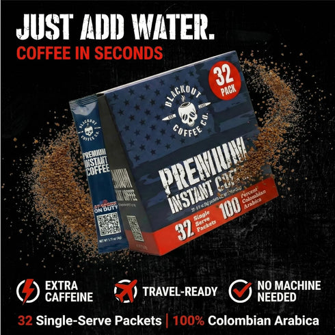 Packets 32 Count. Blackout Coffee Colombian Arabica Instant Coffee Medium Roast, Strong Aromatic, Single Serve Premium