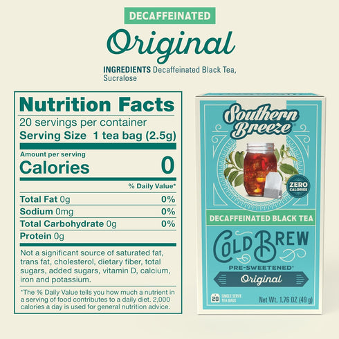 20 Pack 4 Southern Breeze Decaf Cold Brew Sweet Tea Original Iced Tea with Black Tea and Zero Carbs Zero Sugar
