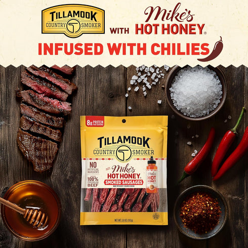 Country 3.6 Tillamook Smoker Beef Smoked Sausages, Mike's Hot Honey, Ounce, Real Hardwood Smoked Sausages, Low Carb
