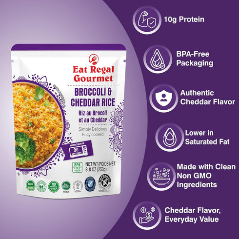 1.5 10g 8.8 oz Pack 6 Eat Regal Broccoli & Cheddar Rice, Creamy & Cheesy, Always Fluffy, No Clump, Ready in Minutes