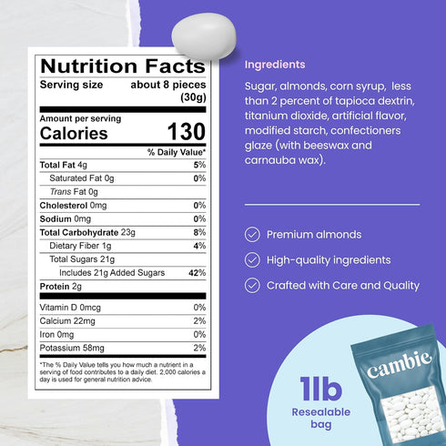 (1 lb) Cambie Jordan Almonds | Bright White Candy Almond | Premium Roasted Almonds with a Sweet Sugar Coating |