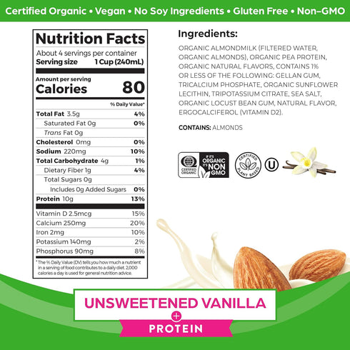 10g 32 Oz (Pack 6) Orgain Organic Vegan Protein Almond Milk, Unsweetened Vanilla - Plant Protein, Vitamin D & Calcium