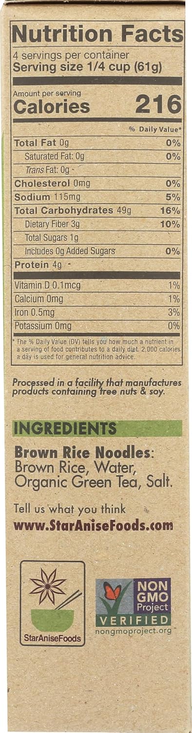 24 8.6 Oz. Pack 6 Star Anise Foods Brown Rice Gluten Free Noodles with Green Tea - Servings, Per Box, of Boxes, Pho