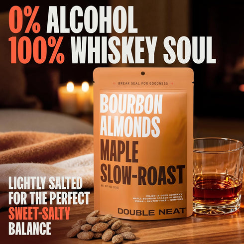 Double Neat 4 (Pack 3) Maple Bourbon Almonds Healthy Bourbon Snacks for Men Vegan & Gluten-Free Slow-Roasted Candied