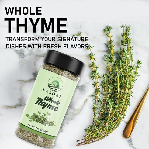 (2oz) Fasori Thyme Leaves Premium Dried Whole Thyme Herb, Aromatic Mediterranean Spice for Cooking, Roasts, Chicken