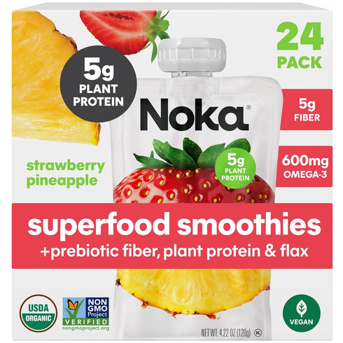 Noka Superfood Fruit Smoothie Pouches, Strawberry Pineapple, Healthy Snacks with Flax Seed,