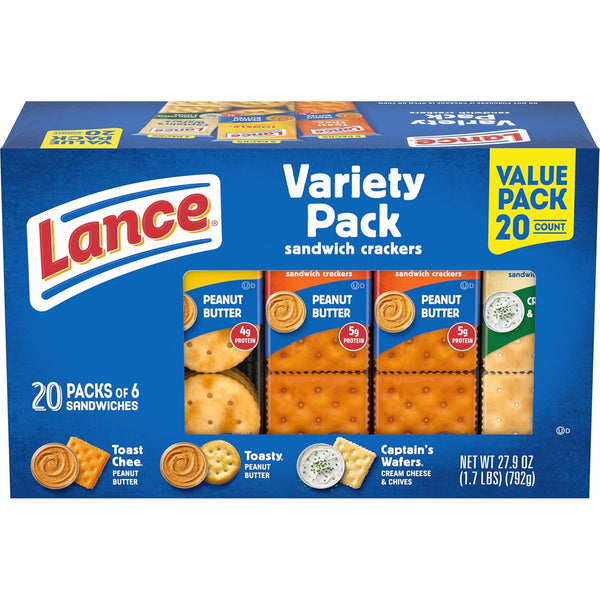Lance Sandwich Crackers, Variety Pack, 3 Flavors, 20 Individually Wrapped Packs, 6