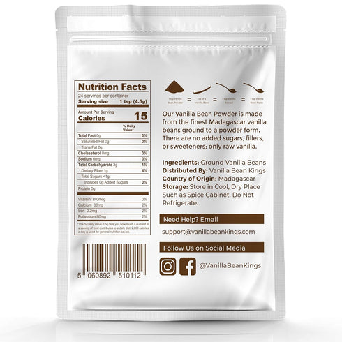 100% 2 oz Organic Vanilla Bean Powder - Pure Ground Madagascar - For Cooking, Baking & Additional Flavoring - Add