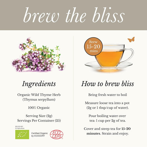 1.76 Oz 25 Wild Bliss Organic Wild Breckland Thyme Tea - Caffeine Free Loose Leaf Herbal Tea - Resipratory