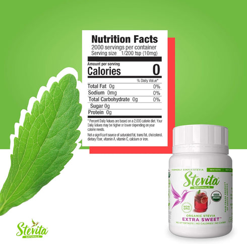 Stevita Organic Stevia Extra Sweet, 0.7 oz Powder - All-Natural, No Calorie Sweetener, 2000 Servings