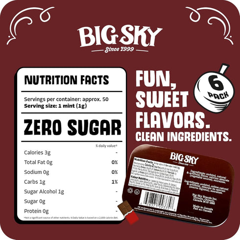 50 Count (Pack 6) Big Sky Sugar Free Mints - Chocolate Mint - Tin of | Kosher Certified, Vegan Candy | Aspartame