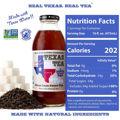 16 oz, Pack 12 Texas Tea Sugar Land Sweet Tea, Real Brewed Organic Black Tea with Imperial Pure Cane Sugar, Non GMO, No