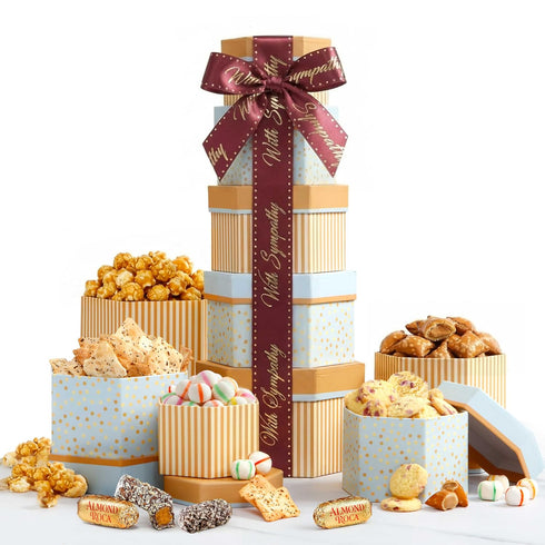Broadway Basketeers Sympathy Gift Tower Box Premium Snack Tower with Cookies, Sweets
