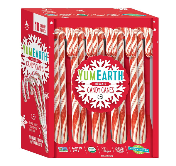YumEarth Organic Candy Canes - Full Size Peppermint, Individually Wrapped, Allergy Friendly, Vegan - 10 Count (Pack of
