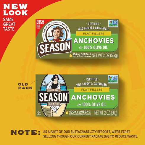 600mg Omega-3-2 12-Pack Season Anchovies in Olive Oil - Flat Anchovy Fillets, Wild Caught Fish, Keto Snacks, Canned