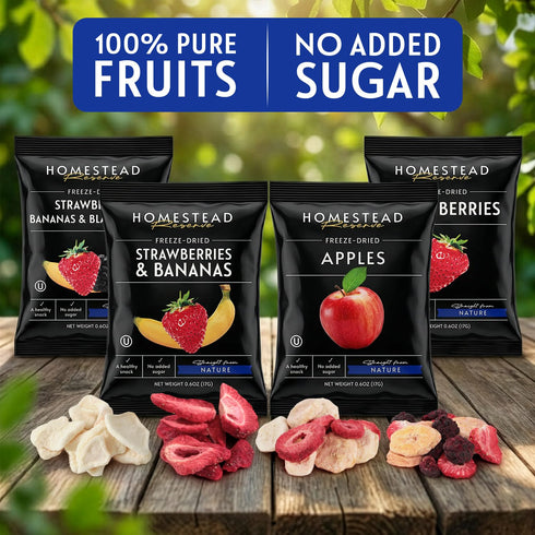 Homestead Reserve Pack 8 (0.6oz Packs Freeze Dried Fruit Snacks, of Each) Bulk Freeze-Dried Fruit for Home or Travel