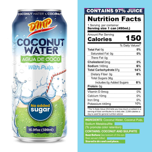 16.57 oz 6-Pack De Mi Pas Coconut Water with Pulp Natural Coconut Beverage for Year-Round Hydration, Rich in Potassium