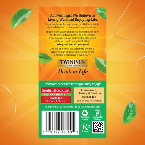 20 Count (Pack 1), 20 Twinings Decaffeinated Irish Breakfast Black Tea Individually Wrapped Bags, of Flavourful