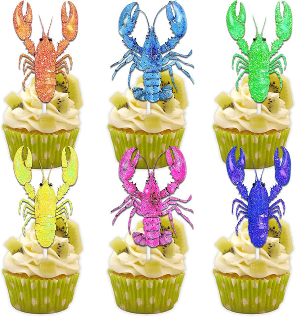 Uwaikin 18pcs Colorful Glitter Lobster Dessert Cupcake Topper Pick for Under The Sea