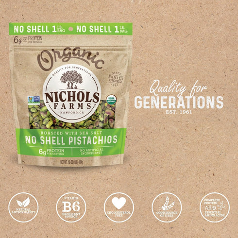 1LB Nichols Farms Organic No Shell California Pistachios, Healthy Protein Snack, Roasted Sea Salt