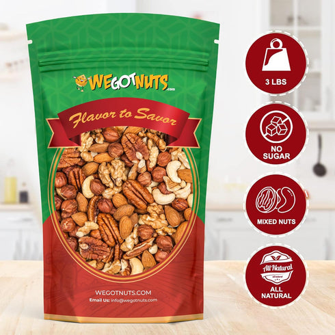 Packed 3 lbs Raw Deluxe Unsalted Mixed Nuts- Premium Quality Kosher Mixed Nuts Snack by We Got Nuts- Natural Rich