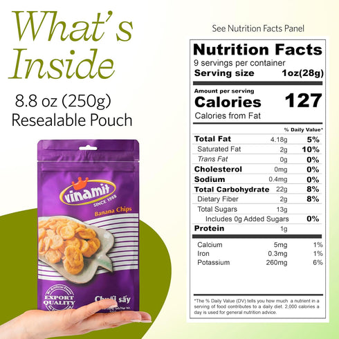 8.8 oz Vinamit Dried Banana Chips, Resealable Bag | Banana Chips Unsweetened, Non-GMO, Gluten-Free, No Added Sugar & No