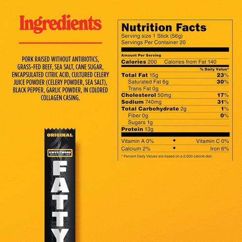 13g 2 oz. (Pack 20) FATTY Meat Sticks, Made with Grass Fed Beef, Pork Raised Without Antibiotics, Protein Per Serving