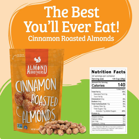 Pack 3, 5 oz Almond Brothers Roasted Almonds - of - Hand Crafted Cinnamon Glazed Roasted Almonds, Gluten-Free, Non-GMO