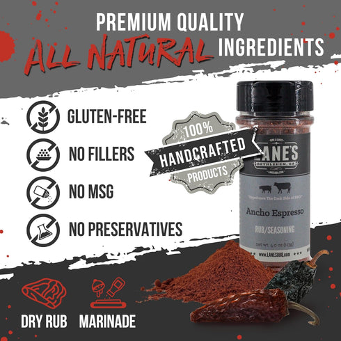 4.0 oz Lane's Ancho Espresso Coffee Rub, - All Natural BBQ Rub Steak Seasoning with Ancho Chili & Espresso - Creates