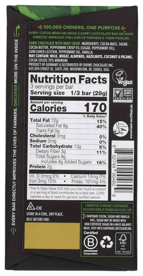 70% 3oz. (12 Pack) Divine Chocolate Bars - Dark Chocolate with Mint Crisp - Made with Fairtrade Cocoa, Natural
