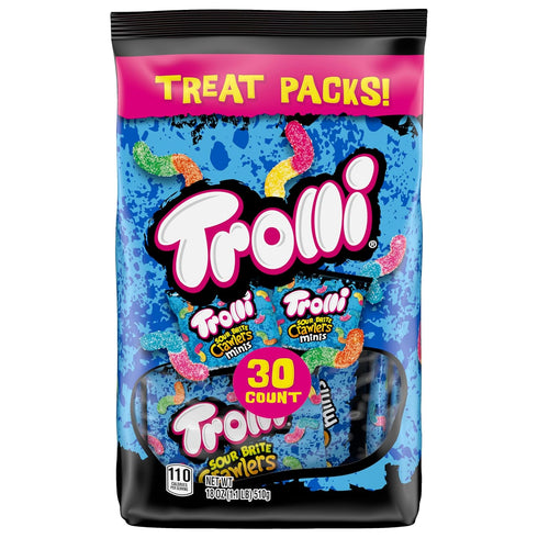 Gummy 18 oz (30 Trolli Mini Sour Brite Crawlers Candy, Cherry-Lemon, Strawberry-Grape & Orange-Lime, Sweet and Sour