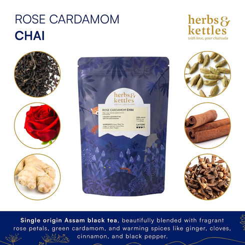 7 oz (200 Herbs & Kettles Refill - Rose Cardamom Chai g) | Single-Origin Assam Black Tea with Rose Petals & Green