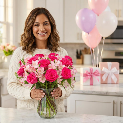 Benchmark Bouquets - Charming Roses & Alstroemeria (Glass Vase Included) - Fresh Flowers for Delivery - Gift