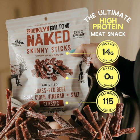 2 oz, Pack 2) 14g Brooklyn Biltong Naked Skinny Sticks (Naked of - Grass-Fed Biltong Beef Jerky Meat Stick - High