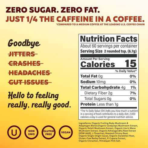 60 Joey Mushroom Coffee Alternative with Cacao Dandelion Root, and Chicory, Instant Mushroom Coffee Substitute