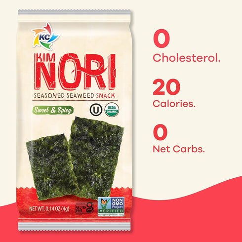 KIMNORI Organic Sweet 'N Spicy Seasoned Seaweed Snacks Sheets, 12 Individual Packs, 4g 100% Natural Laver