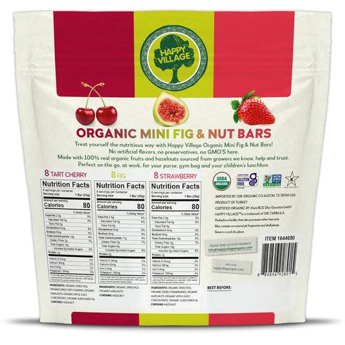 (24 Packs, 0.7 OZ (8 8 8 Happy Village Organic Mini Fig & Nut Bars, VARIETY each), No Refined Sugar, Kosher, Non-GMO