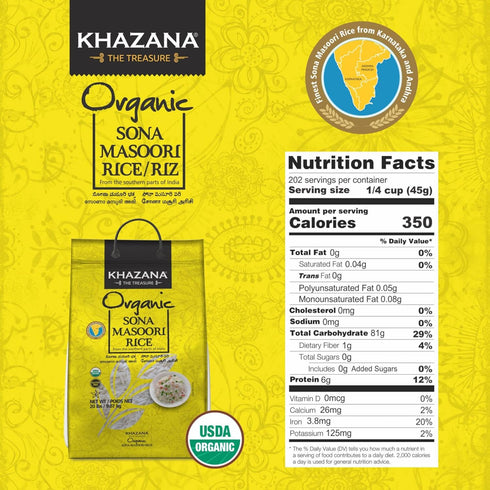 20 lb Organic Sona Masoori Rice by Khazana in Bag - Aromatic and Flavorful Indian Grain - Non-GMO, Gluten Free, Kosher