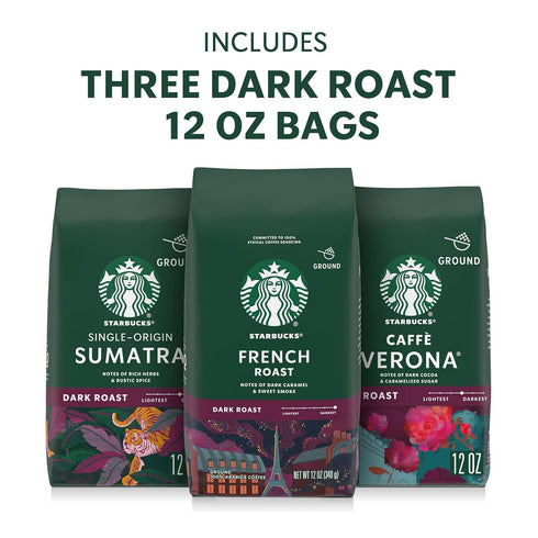 Pack, 12 oz Starbucks Ground Coffee, Dark Roast Hot or Iced Coffee, Variety Three Bags