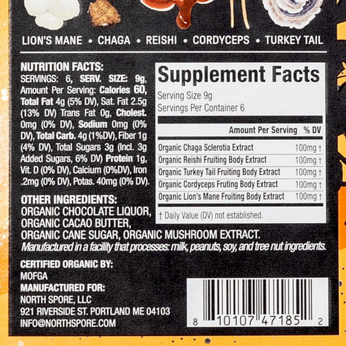 5 70% 100% Organic Mushroom Blend Dark Chocolate Bar | Functional Mushroom Supplement | Fruiting Body Extracts | Lion's