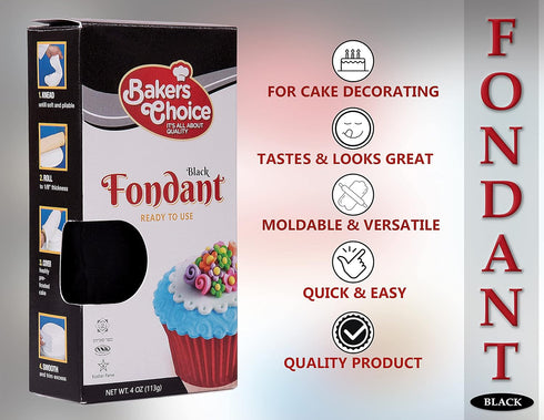 Baker's Choice Black Fondant Icing, 4 oz. Ready to Use Cake Decorating Frosting for Cakes, Cupcakes, and Cookies