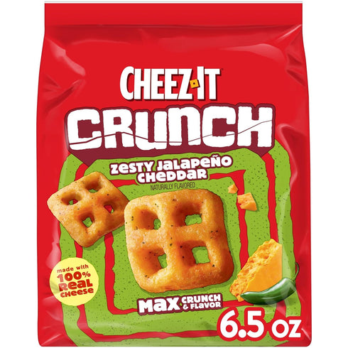 Cheez-It Crunch Cheesy Baked Snacks, Lunch Snacks, Zesty Jalapeno Cheddar, 6.5oz Bag