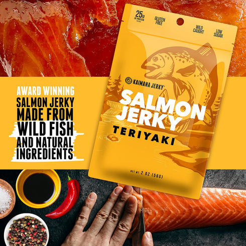 Omega-3 3-Pack (2oz Kaimana Jerky Wild Caught Salmon Teriyaki Jerky - Organic Sweet & Savory Dried Fish Strips, Rich